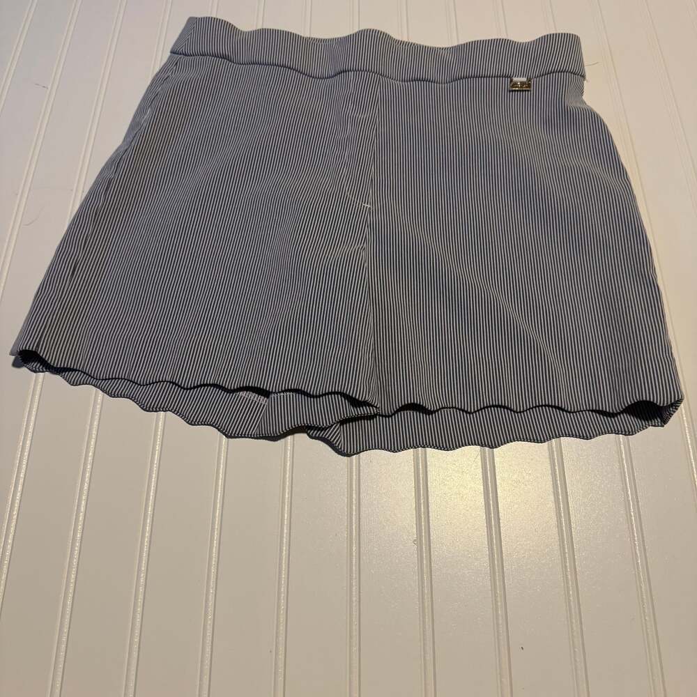 Anne Klein Sport Blue and White Railroad Stripe Scalloped Hem Short